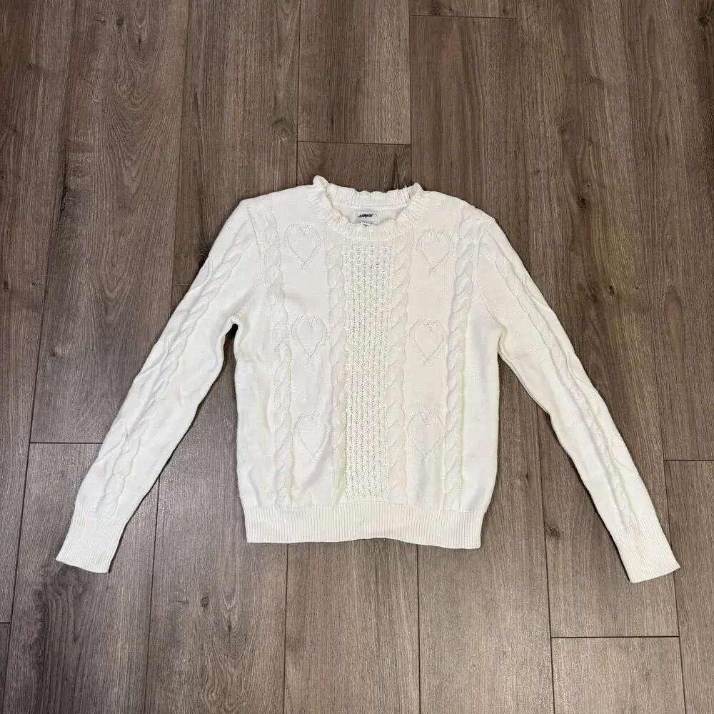 J.Crew Cable-Knit Hearts Crewneck Sweater WMNS S Cream Scalloped Neck Pullover